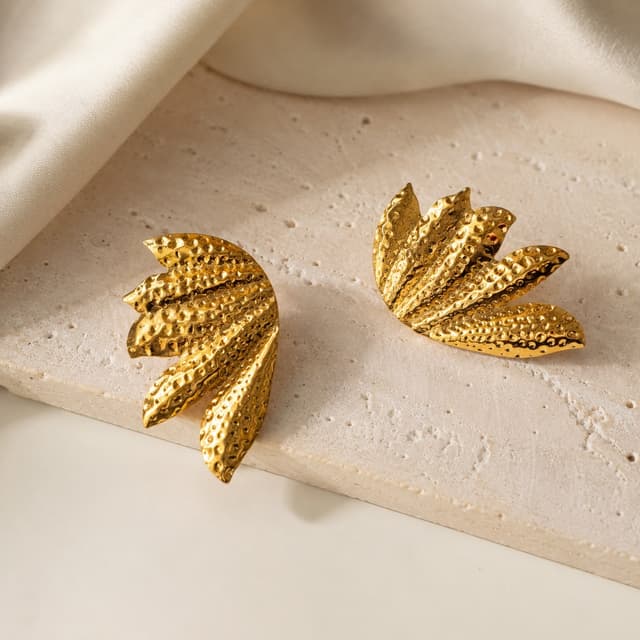 Golden Textured Leaf Statement Earrings